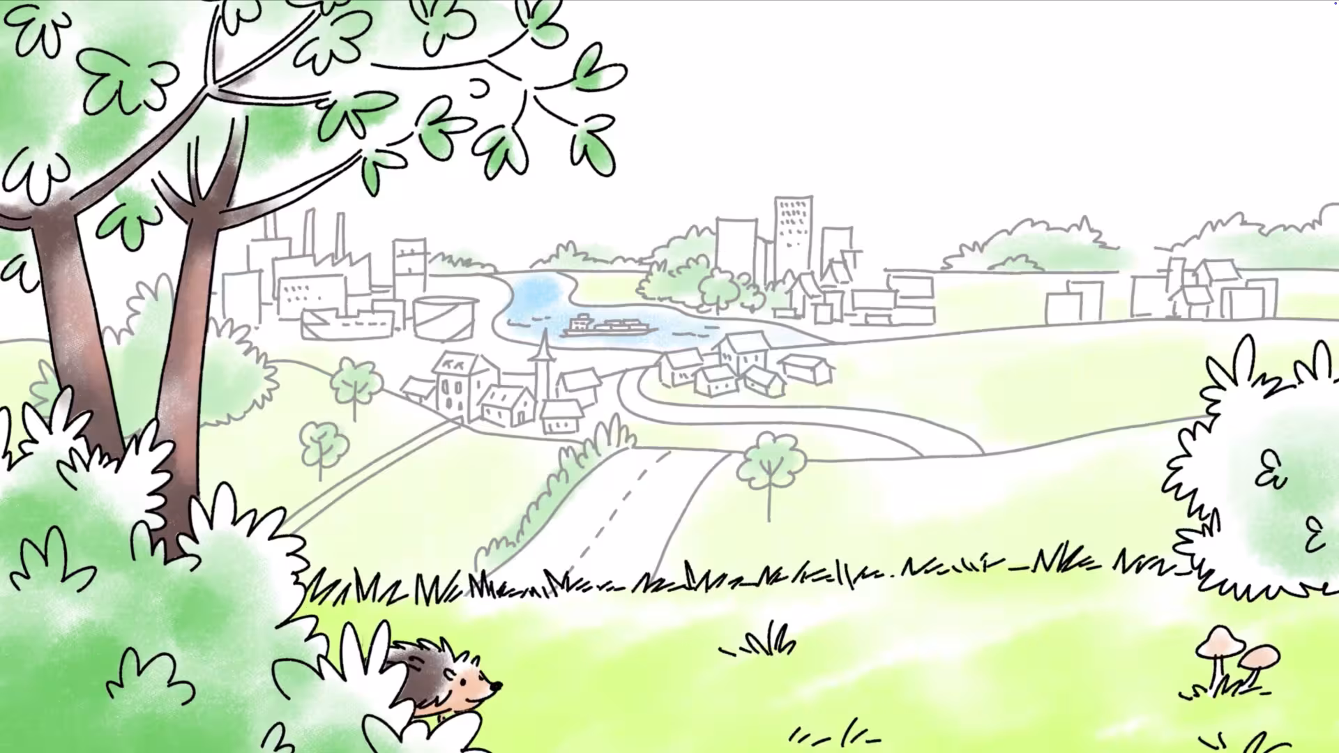 Illustration d’un paysage avec village, rivière, zone industrielle et campagne au premier plan.