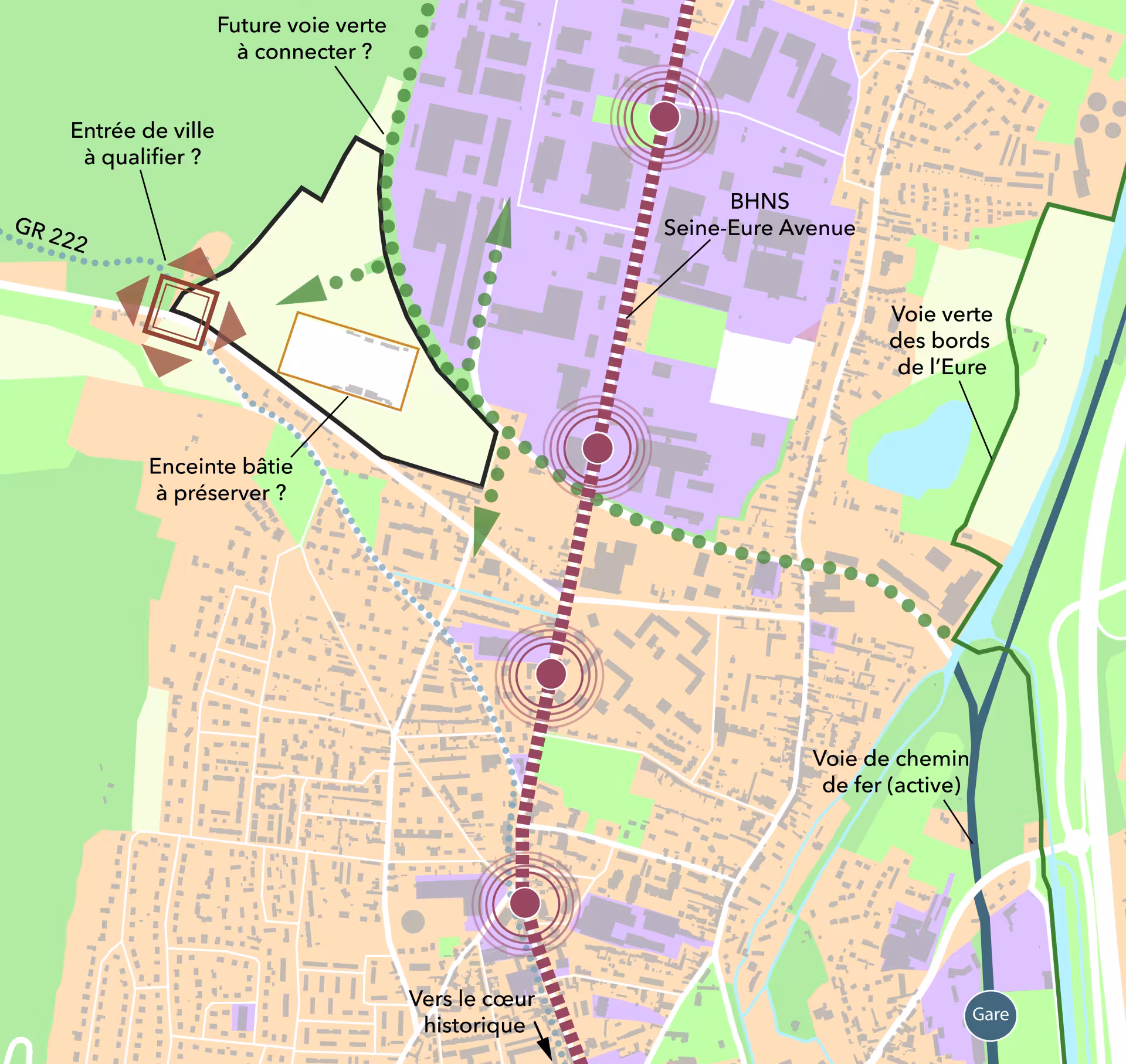 Plan géographique des lieux et axes importants à Louviers