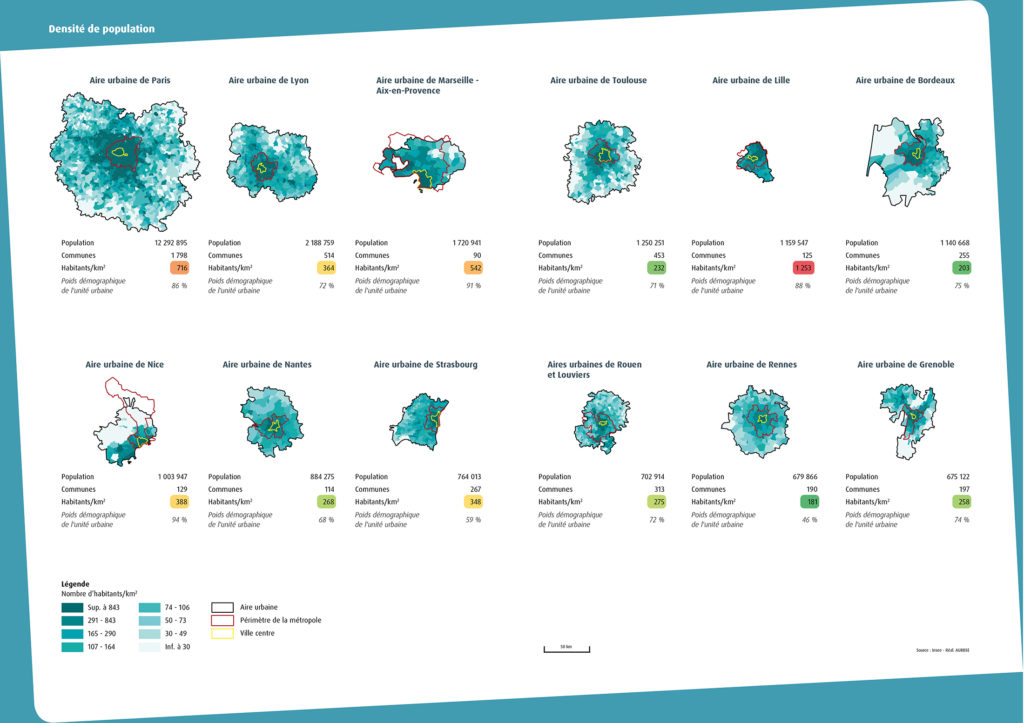 Taille et densité de 12 métropoles française. Aurbse 2015