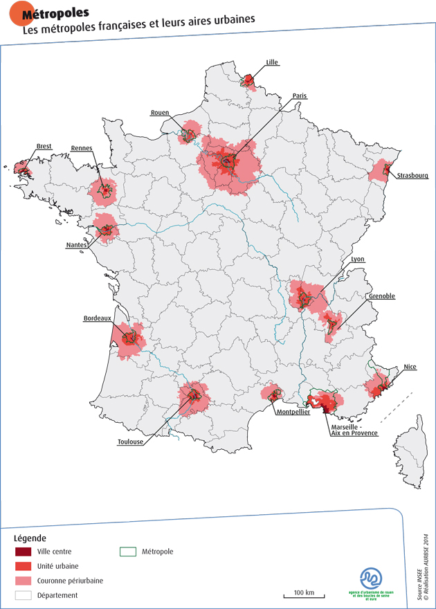 Les métropole françaises et leurs aires urbaines