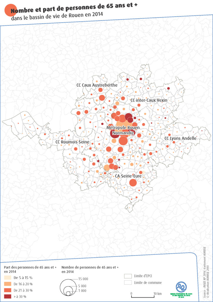 Nombre et part de personnes de 65 ans et + dans le bassin de vie de Rouen en 2014