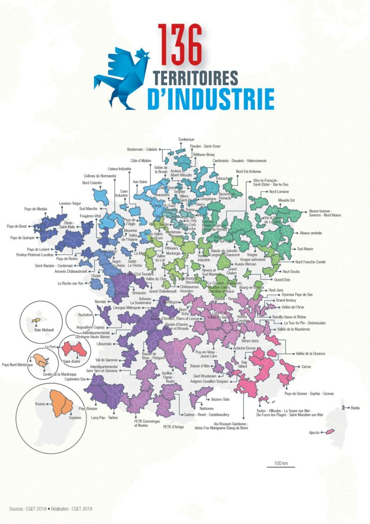 Carte des 136 Territoires d'industrie en mars 2019. Source : CGET