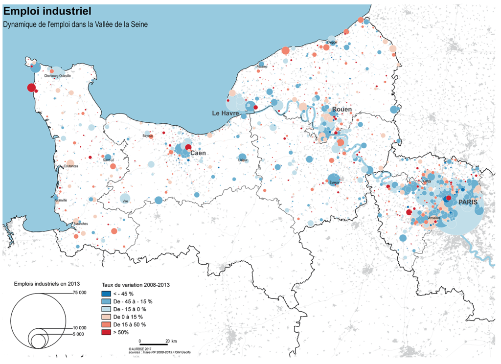 Carte de l'évolution de l'emploi industriel dans la vallée de la Seine. Source : Coopération des agences d'urbanisme de la vallée de la Seine
